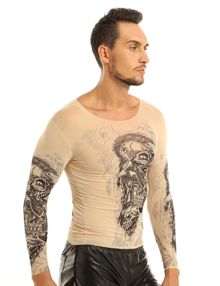 Scripted Tattoo Men's Long Sleeves Fake Tattoo Tribal Inspired Print T-Shirt Tops ...