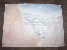 Original Watercolor By Peg Humphreys, Sun & Ocean Thru Boulders 15"x 11"