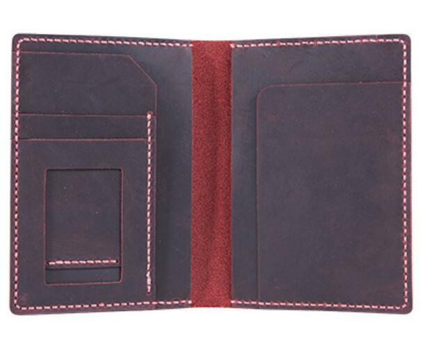 Red cow leather bifold passport holder wallet with card pouch H86-image