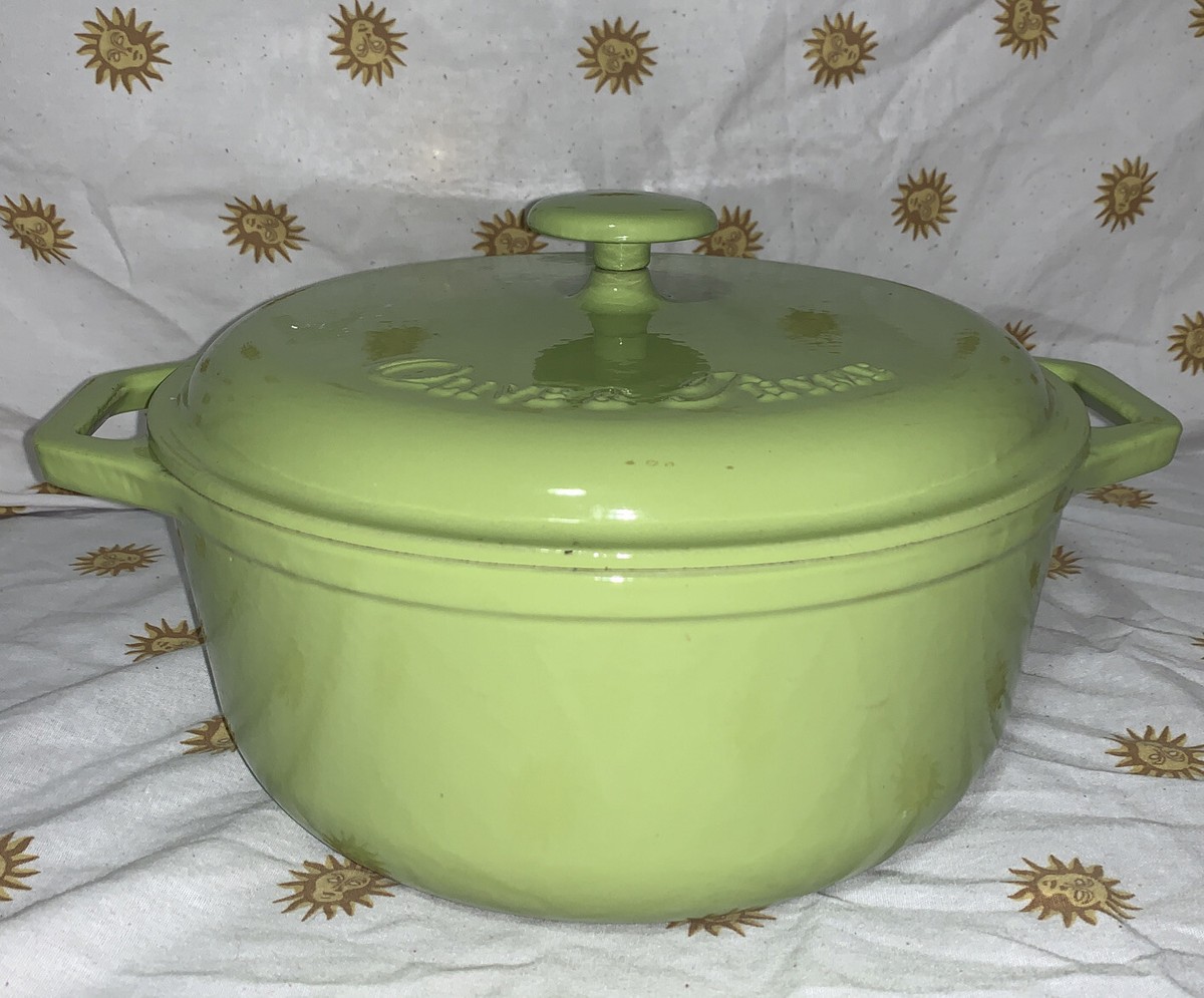 Vintage Olive Thyme 5qt cast iron Lime Green Enameled Dutch Oven pot with  Lid