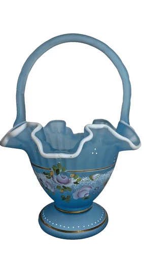 FENTON Charleston Collection 2002 Floral Blue Satin Glass Basket 9.5" Signed