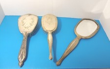 Lot Of 3 VTG. GOLD TONE METAL WOMEN'S VANITY HAIR BRUSH Mirror FLORAL DESIGN