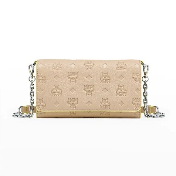 MCM Visetos Chain Wallet Crossbody Beige 1233762