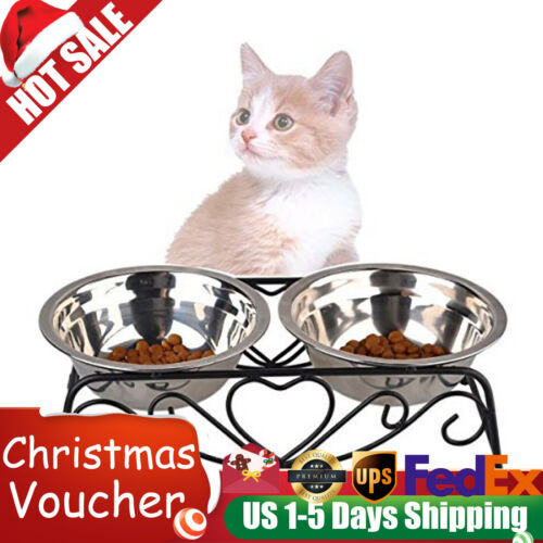 Double Bowl Cat Feeder Elevated Raised Feeding Food Water Pet Dishes 13CM US - Afbeelding 1 van 24