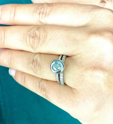 14K WHITE GOLD ROUND F1 MOISSANITE AND DIAMOND ENGAGEMENT RING AND BAND 1.10CTW