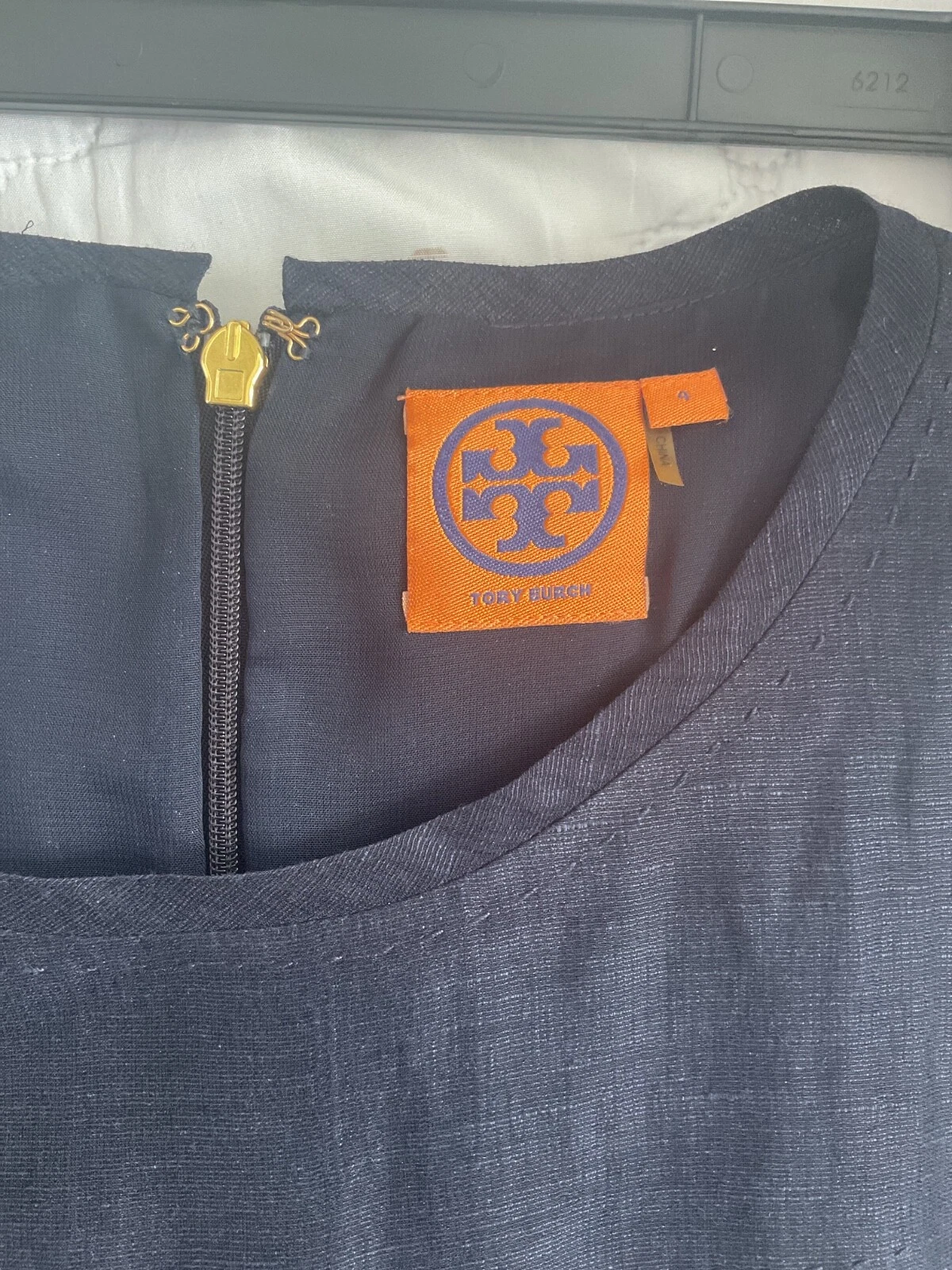 Abito midi senza maniche Tory Burch blu navy seta lino UK 8