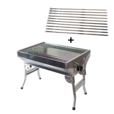 Edelstahl Mangal Schaschlik Angler Grill klappbare Beine mit 10 Spießen Mini BBQ