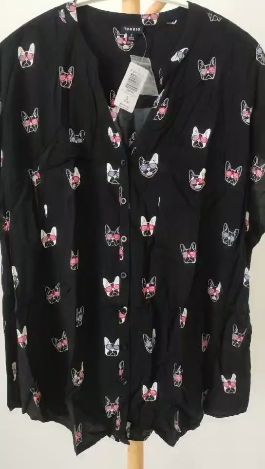 Brand New Torrid Black French Bulldog Print Challis Button Front Dolman