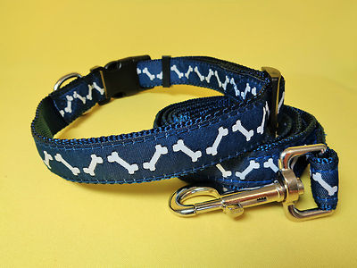 Canvas dog LEAD and COLLAR leash set clip blue big medium small extra large 