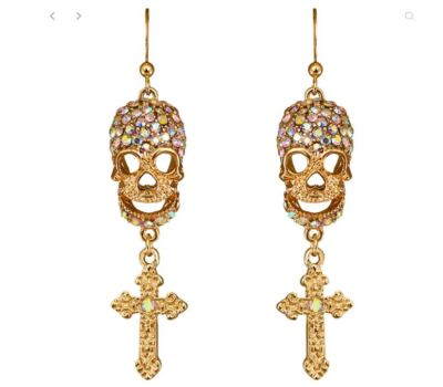 KIRKS FOLLY Fright Night Skull & Cross French Wire EARRINGS Gold tone Crystal