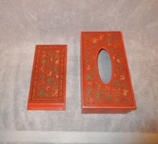 VTG Asian Lacquered Long Tissue Box Cover w Tray Bamboo Wood 2 Piece Painted