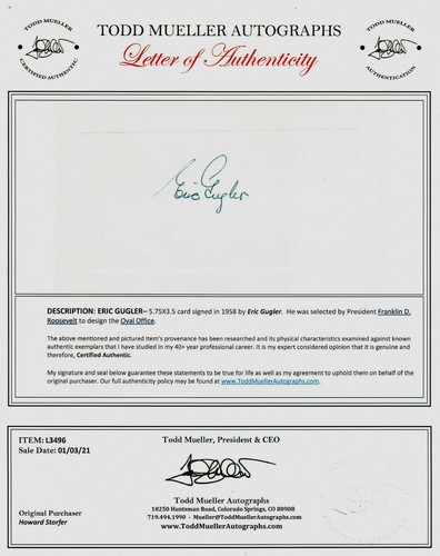 RAR! "Designer Of Roosevelts Oval Office" Eric Gugler handsignierte 3x5 Karte Echtheitszertifikat - Bild 2 von 2