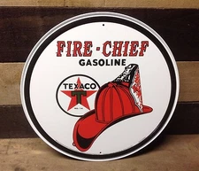 Texaco Fire Chief Gasoline Round Metal Sign Tin Vintage Garage Rustic Auto Shop