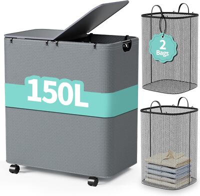 150L Laundry Hamper with Wheels, Rolling Laundry Basket with Lid