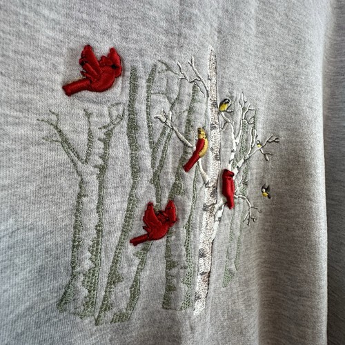 Vintage Sweatshirt Jerzees Womens XL Gray Red Embroidered Cardinal Bird Branch - Picture 3 of 8