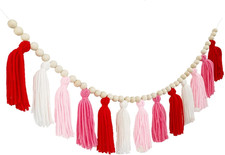 Boho Woolen Tassels Garland with Wood Beads Pink Red White Style Girls Nursery D