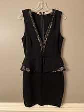 Guess Sexy Peplum Lace Deep V Neck Mini Cocktail Dress Medium Little Black Dress