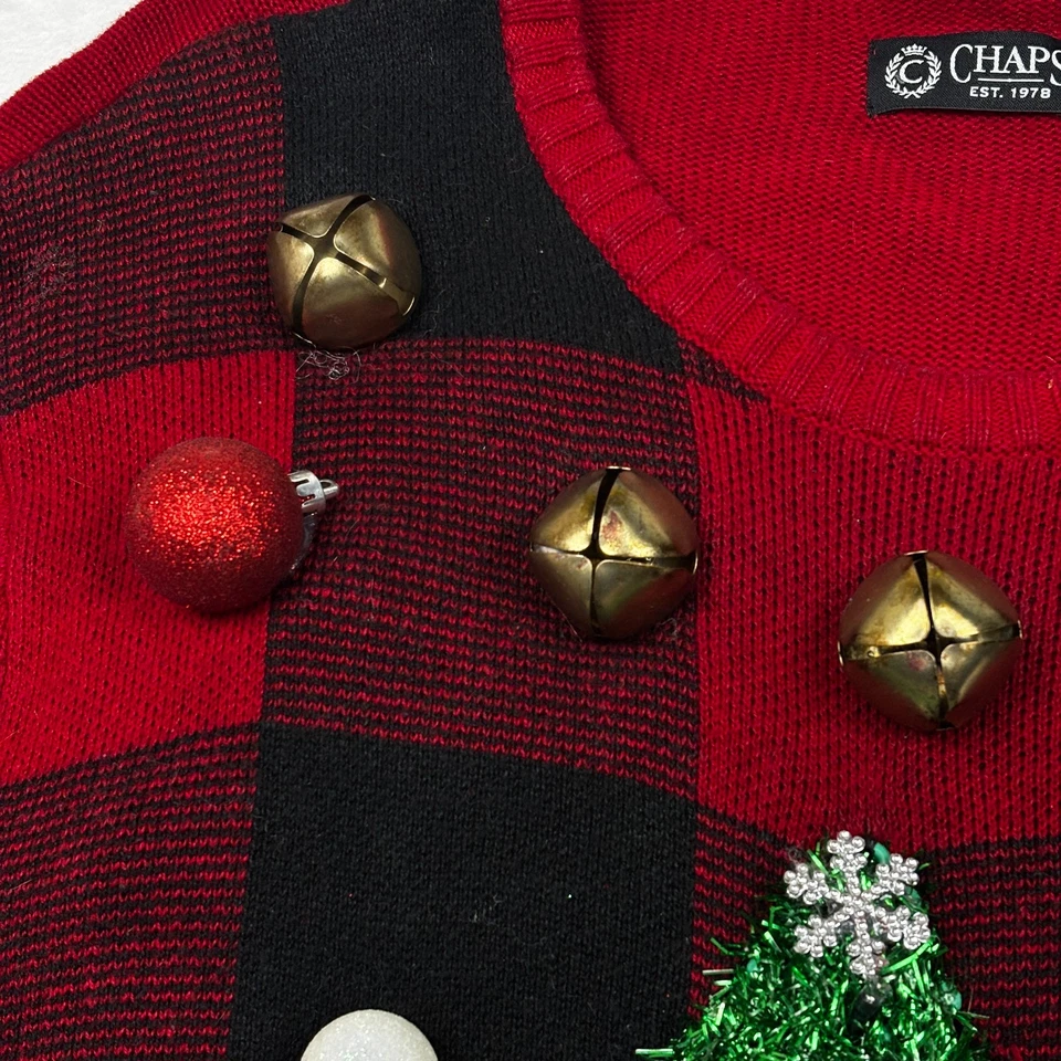 Chaps Light Up Christmas Sweater XL Red Tree Bells Battery Operated Ugly Funny - Image 3 of 4