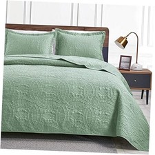 King Size Quilt Set Sage Bedspreads - Soft King 106"x96" Coin Pattern Sage