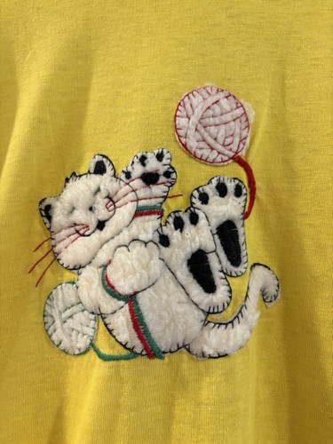 Vintage ‘80s Kitty Cat Nightshirt T-shirt Dress Textured Graphic Ringer One Size - Picture 2 of 5