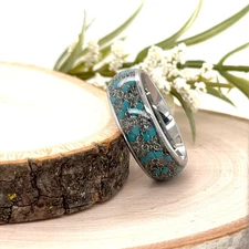 8mm Silver Tungsten Carbide Ring Turquoise & Silver Flake Inlay Unisex Band