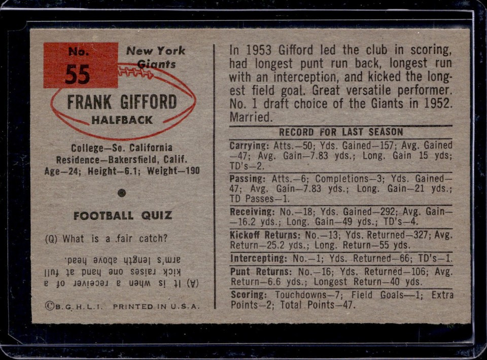 1954 Bowman #55 Frank Gifford New York Giants (HOF) VG-EX/EX (wrinkles ...