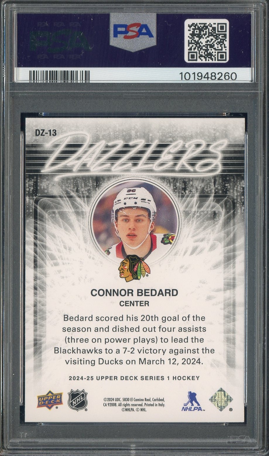 2024-25 Upper Deck Hockey Dazzlers Connor Bedard RC Rookie PSA 10 GEM MINT view 2