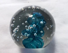 Kalina Polish Crystal Teal Swirl Glass Paperweight Controlled Bubble 2.5"