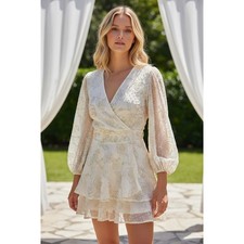 Altard State White Rose Dot Mesh Wrap Peplum Ruffle Mini Dress Medium