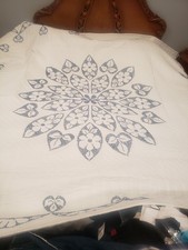 Hand Stitched Quilt, White With Blue Cross Stitched, King Size, 97 X 97 , New