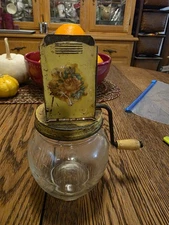 Vintage Hand Crank Food Chopper Yellow Metal Top Glass Jar Primitive Kitchen