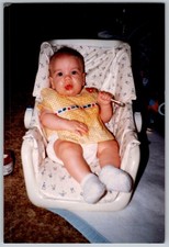 Vtg Color Snapshot Baby Boy IN High Chair Holding Spoon Yellow Gingham Bib 1980