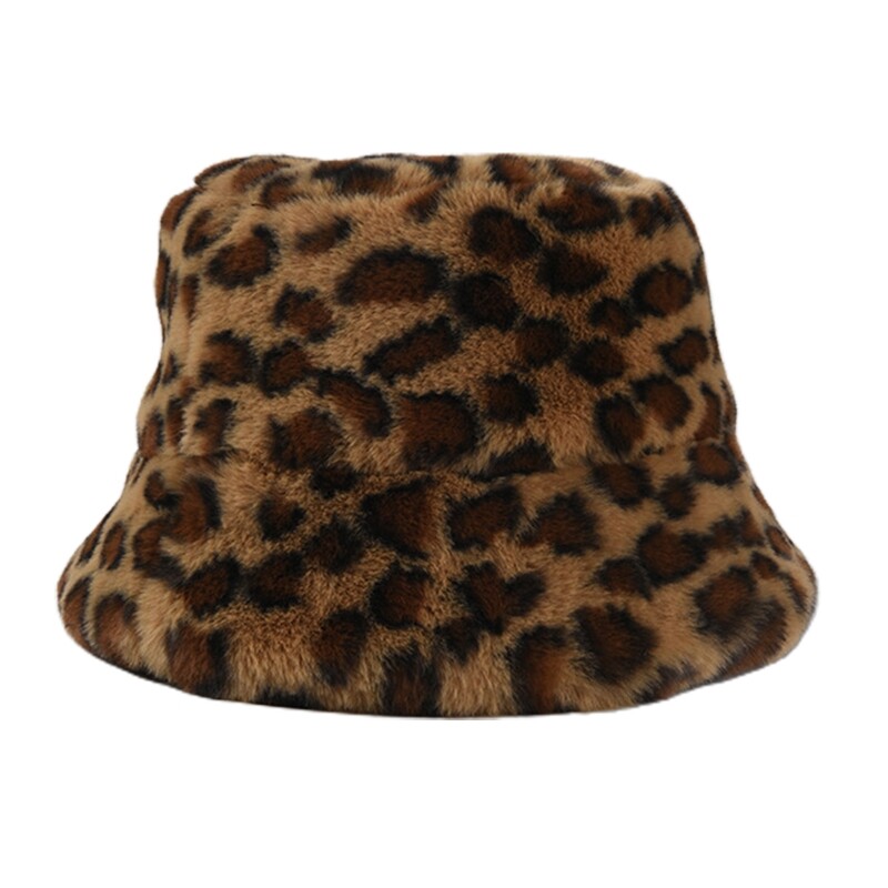 Women Vintage Leopard Print Bucket Hat Winter Fuzzy Plush