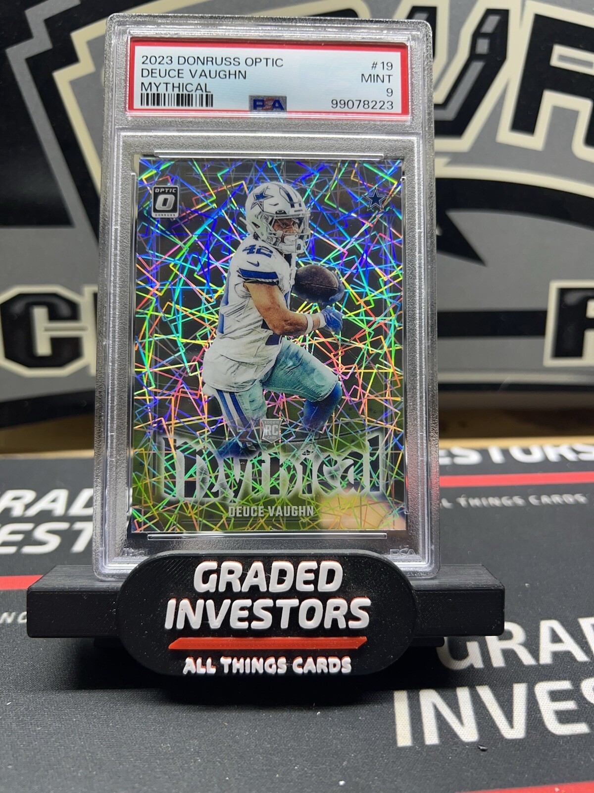 2023 Donruss Optic Football Deuce Vaughn Mythical Prizm RC #19 PSA 9 SP!
