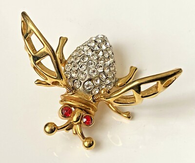 INSEKTEN BROSCHE Gold Strass ROTE AUGEN der sich bewegende Flügel mit Feder! 6cm