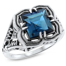 GENUINE 2 CT LONDON BLUE TOPAZ DECO ANTIQUE STYLE 925 STERLING SILVER RING 743z