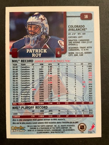 Patrick ROY 1999-00 O-Pee-Chee Chrome Hockey #16 Colorado Avalanche - Picture 2 of 2