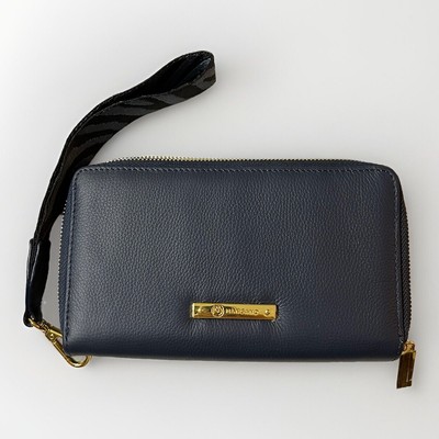 Joy Mangano Genuine Leather Navy Blue Luxe Double Zip Wallet Wristlet RFID Block