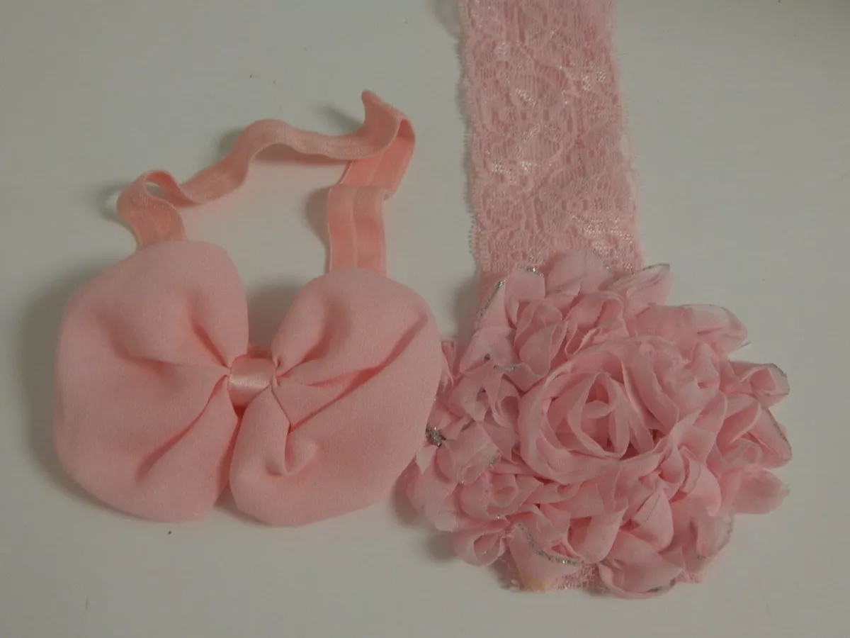 Baby Pink Bow and Lace Flower Headbands Lot of 2 eBay