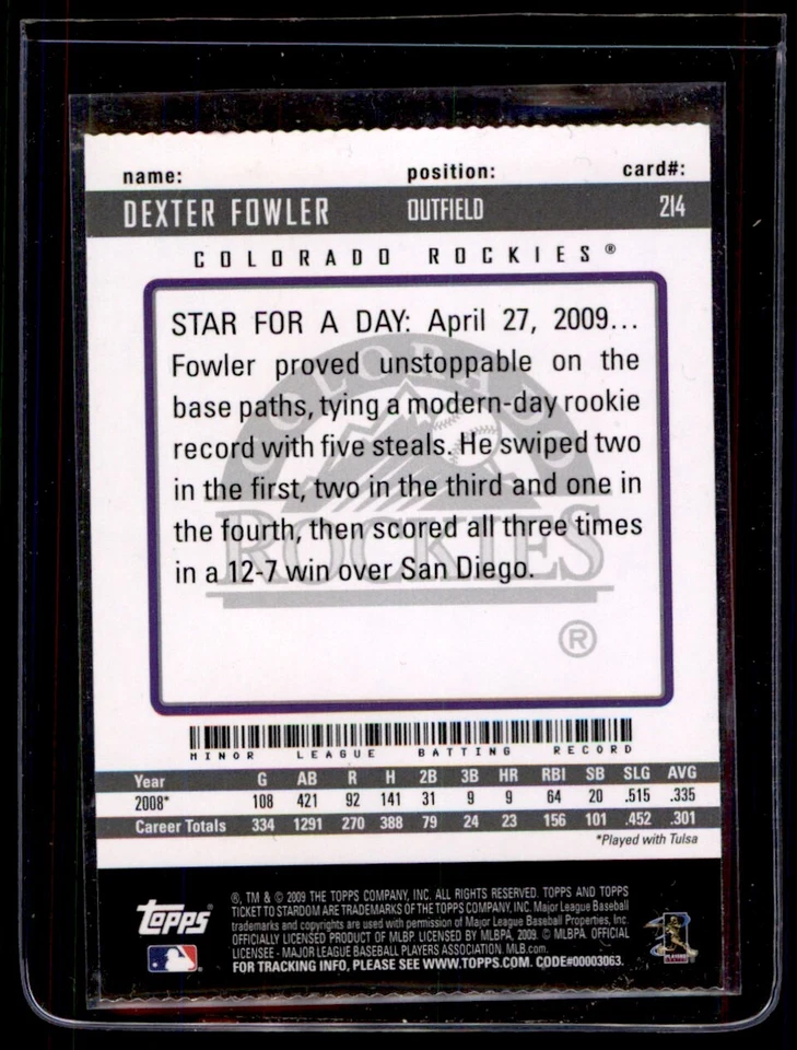 2009 Topps Ticket to Stardom Perforated #214 Dexter Fowler - Image 2 of 2