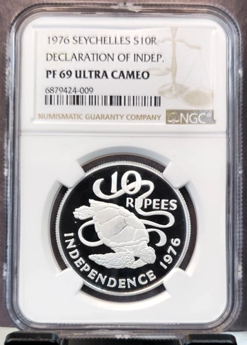 1976 SEYCHELLES SILVER 10 RUPEES SEA TURTLE NGC PF 69 ULTRA CAMEO RARE TOP POP