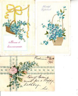 Z104.Vintage Gruß Postkarten x 3. Blumen. Vergissmeinnichts.