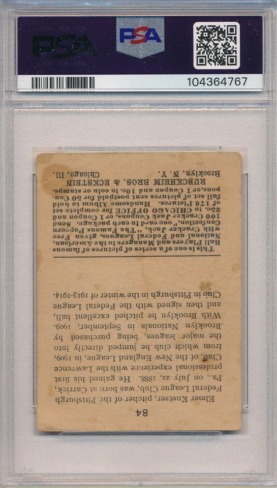 1915 CRACKER JACK #84 ELMER KNETZER - PSA 2 GD (SVSC) FRESHLY GRADED! HIGH # - Image 2 of 2