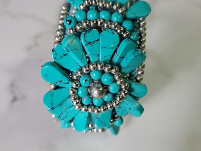 Western Boho Blue Faux Turquoise Squash Blossom Flower Cuff Bracelet