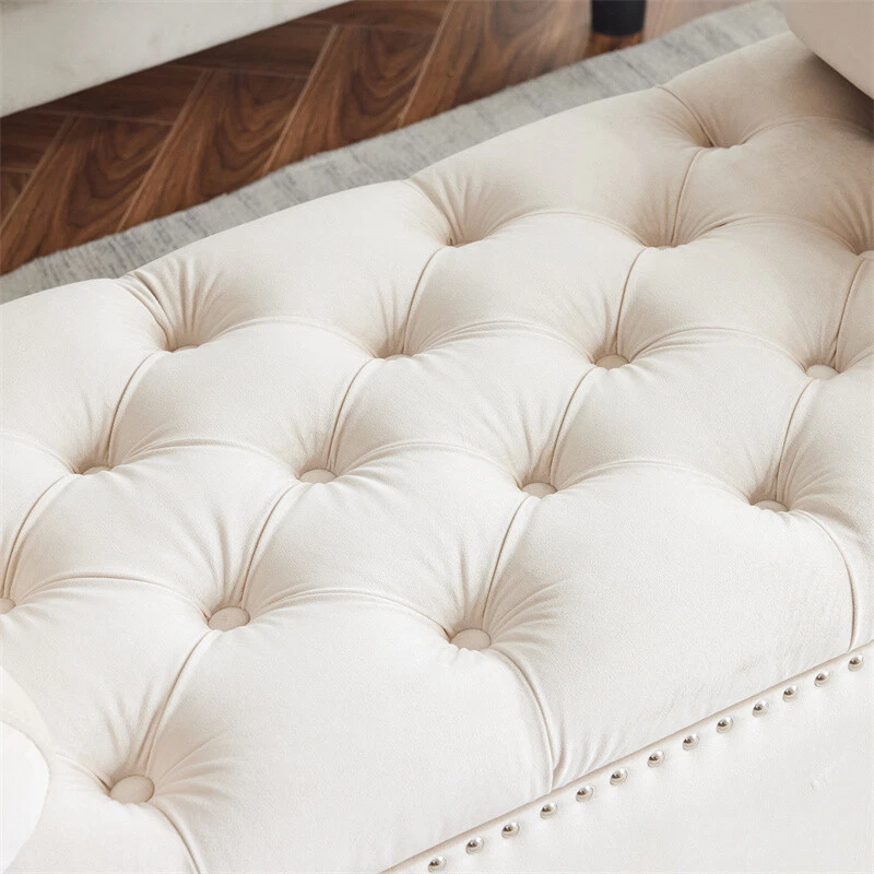 Asiento otomano de almacenamiento de banco tapizado de terciopelo Queen con borde de cabeza de clavo Foto 4 de 4