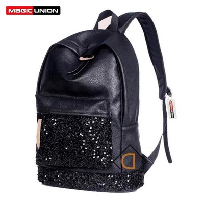 Women Black Backpack Sequin Decoration Faux Leather School