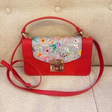 FURLA Metropolis Shoulder Bag Handbag Leather Red Flowers 2way Gold from Japan