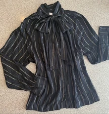 UNIVERSAL THREAD New! Black MetallicPinstripe Long Sleeve Pussy Bow Blouse NWT L