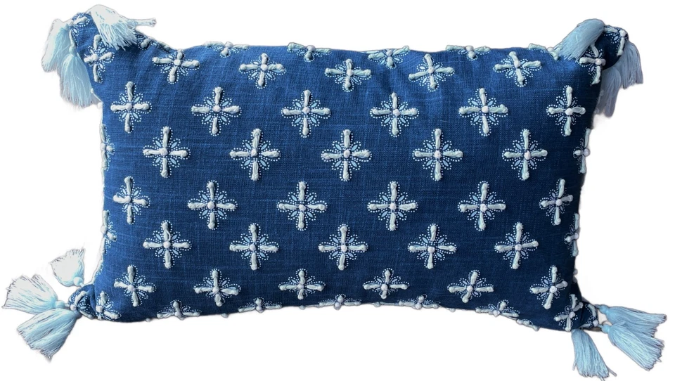 REVERSIBLE linen throw pillow tassels navy light blue embroidered 14x24 BOHO - Image 2 of 4