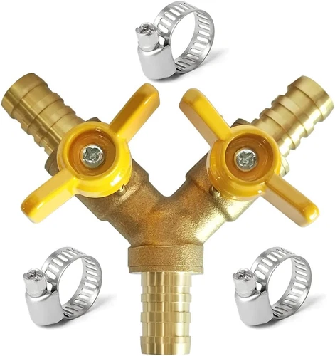 Brass 3/4 Inch 3-Way Y-Shaped Shut-Off Ball Valve with 2-Switch 3/4" Hose Barb I - Picture 1 of 12